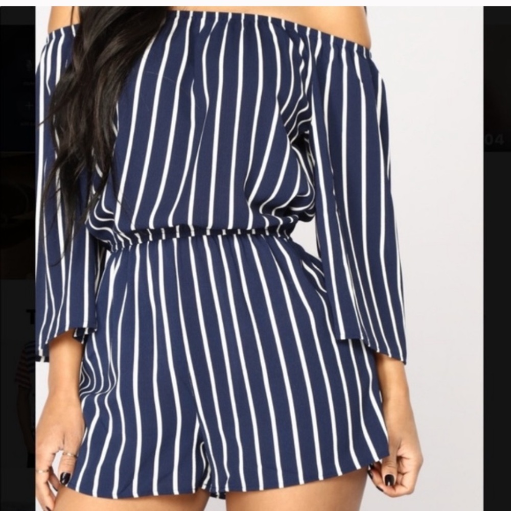 Forever 21 Ambiance Blue and white striped off shoulder romper